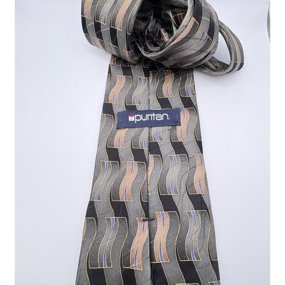 Puritan Mens Neck Tie Silk Abstract Geometric Flowing Design Green Gray - Picture 2 of 7